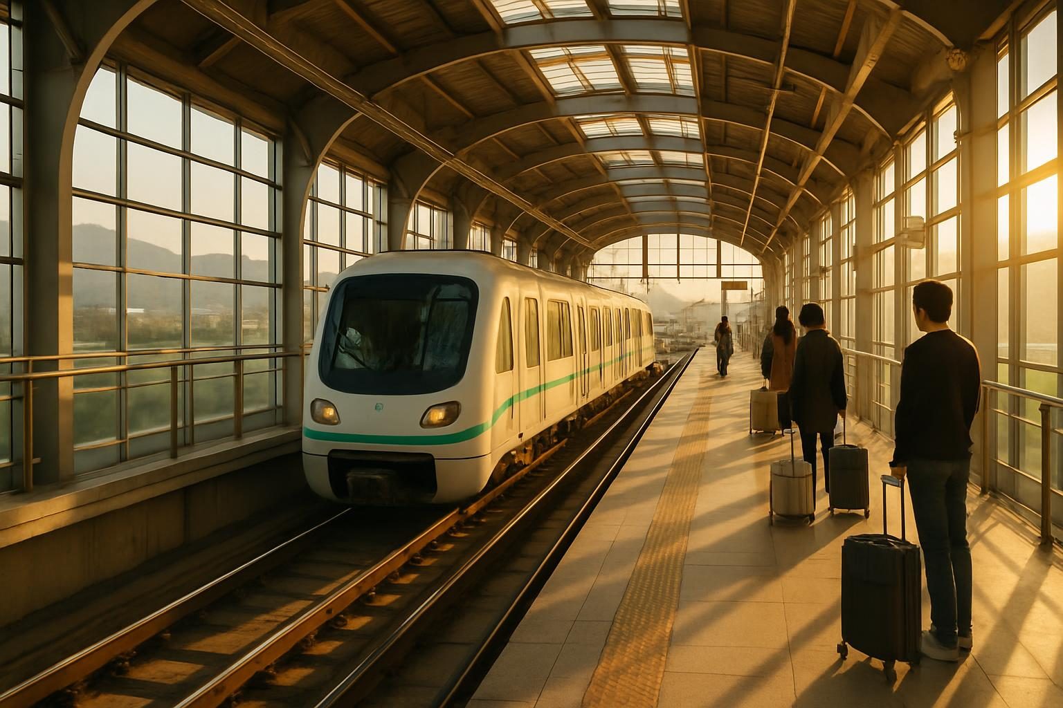 Gimhae Light Rail Transit platform with travelers waiting for a train to Seomyeon